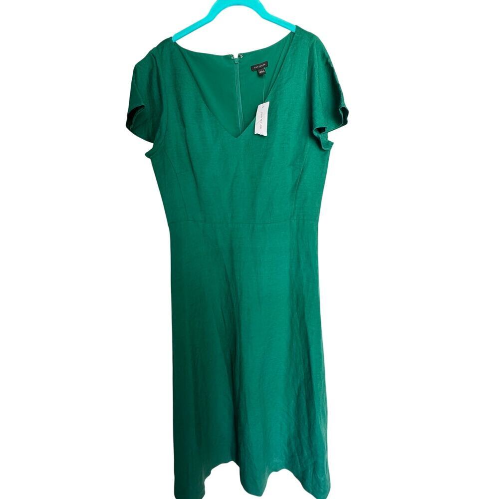 NWT Ann Taylor Green Linen Blend Midi Dress Size 6 Lined Short Sleeve